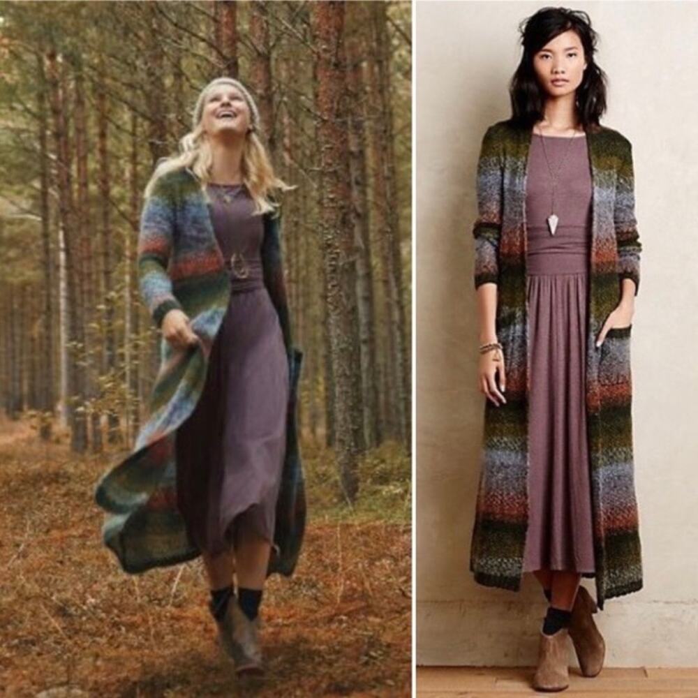 Anthropologie Sz M Sleeping on Snow Long Ombré Knit Duster Cardigan Open Knit
